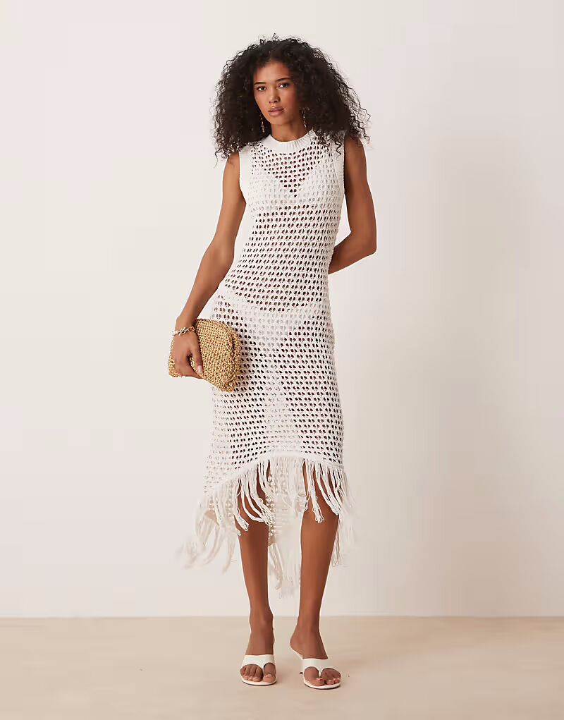 

Платье миди ASOS DESIGN, связанное крючком, с бахромой по низу, белое