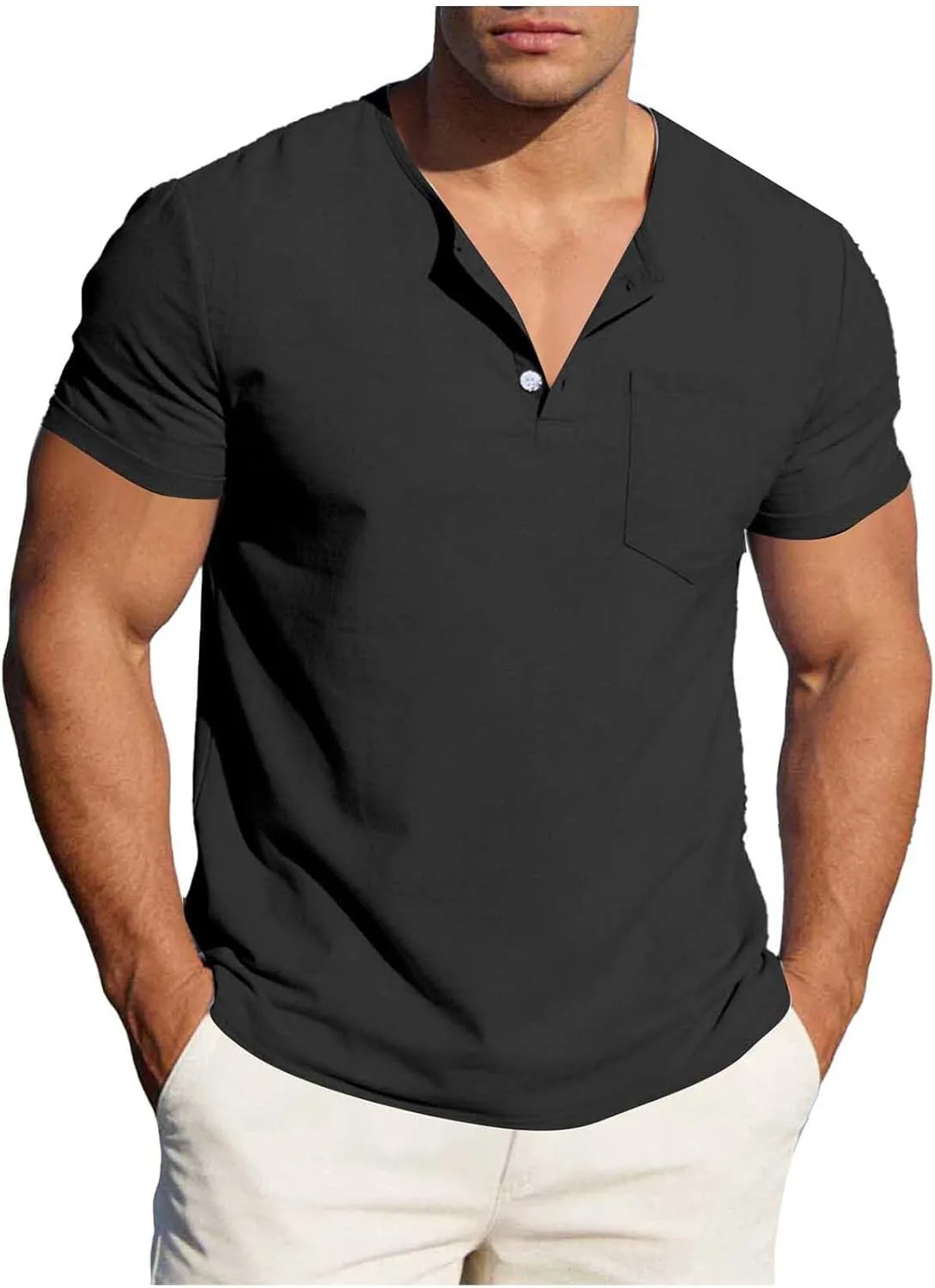 

Хлопковая льняная рубашка для мужчин Henley с коротким рукавом и карманом