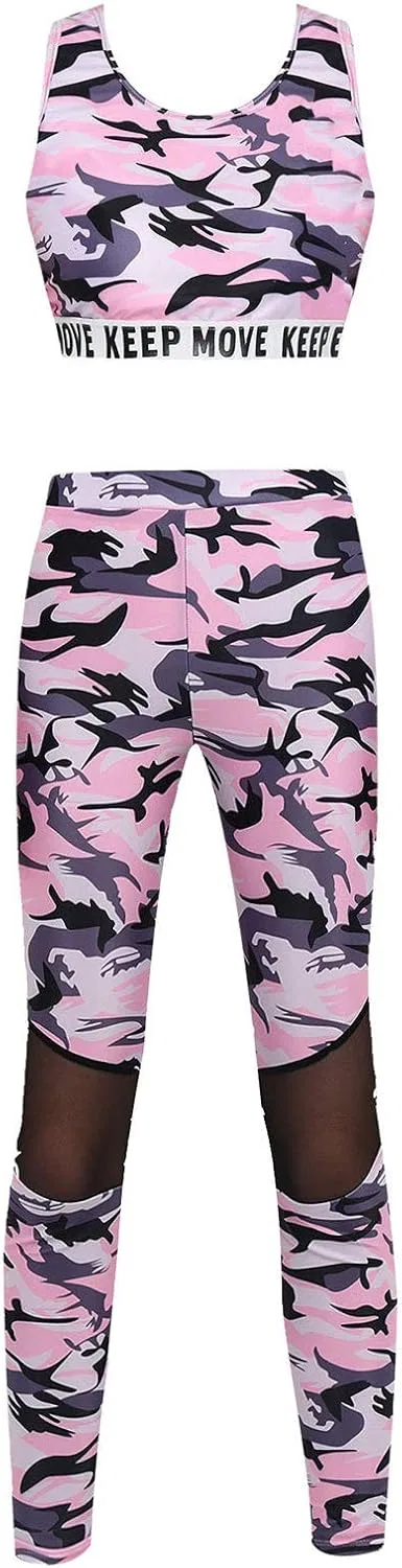 Спортивный комплект для девочек с топом и леггинсами Yihuimin, Camouflage Pink