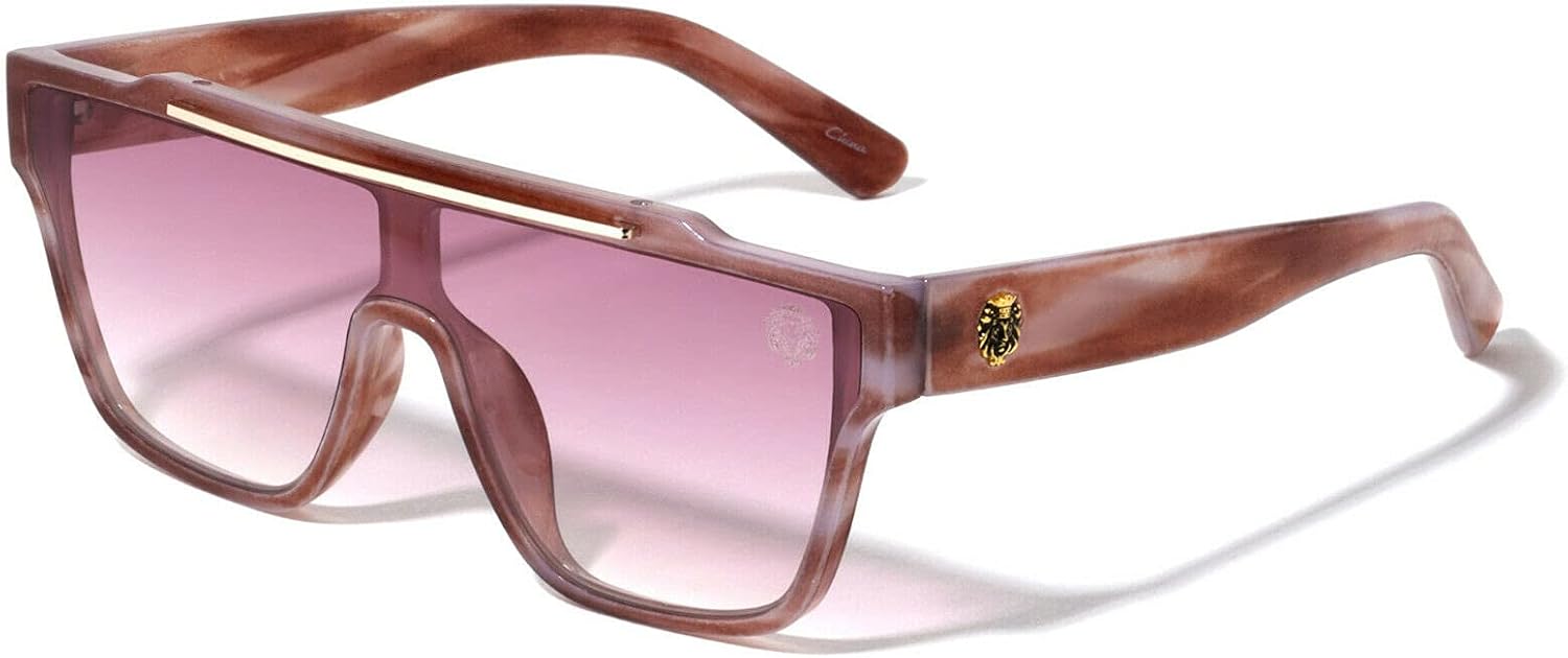

Солнцезащитные очки Dweebzilla Flat Top Lion Head One Piece Shield Lens Square Luxury Sunglasses с квадратными линзами и плоским верхом в форме головы льва, Pink Tortoise & Gold Frame