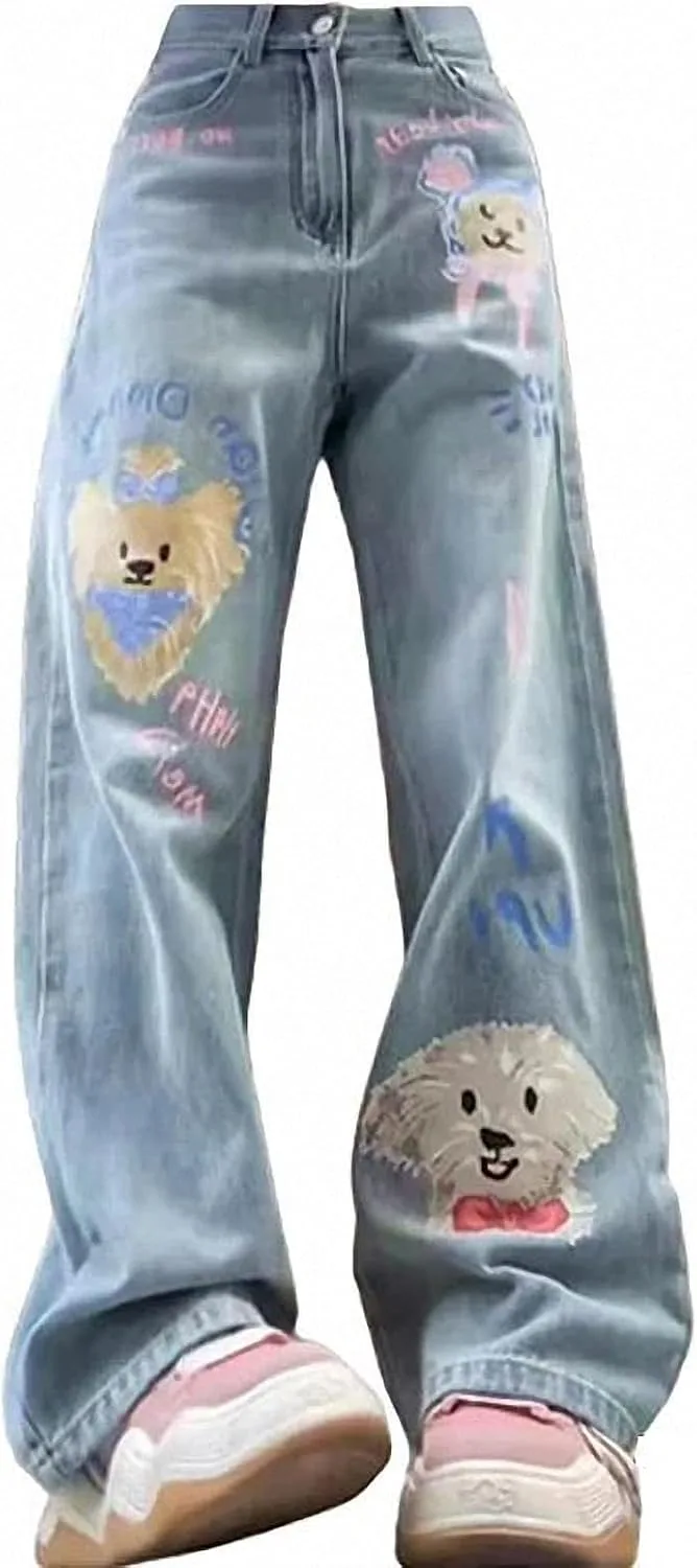 

Dawery Cute Puppy Cartoon синие джинсы Vintage Baggy High Waist