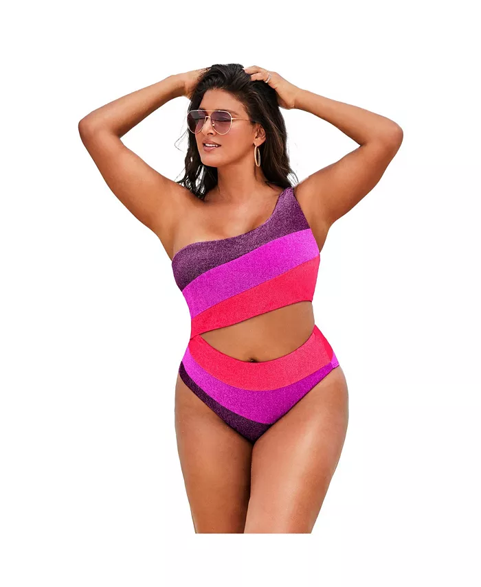 

Женский купальник One Shoulder Color Block Cutout One Piece с асимметричным кроем и цветными блоками Swimsuits for All, розовый