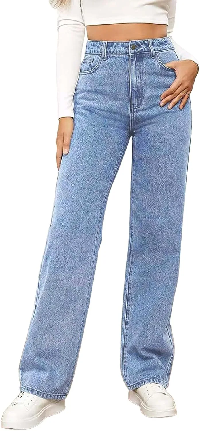 

Прямые джинсы для женщин vintage washed, высокие, широкие Baxtayel