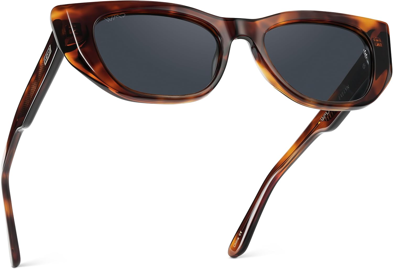 

WearMe Pro — Женские поляризованные солнцезащитные очки, оправа «кошачий глаз» из ацетата, прямоугольные линзы, прочные 5-шарнирные петли, ручная полировка, Ember Tortoise / Smoke Grey Lens