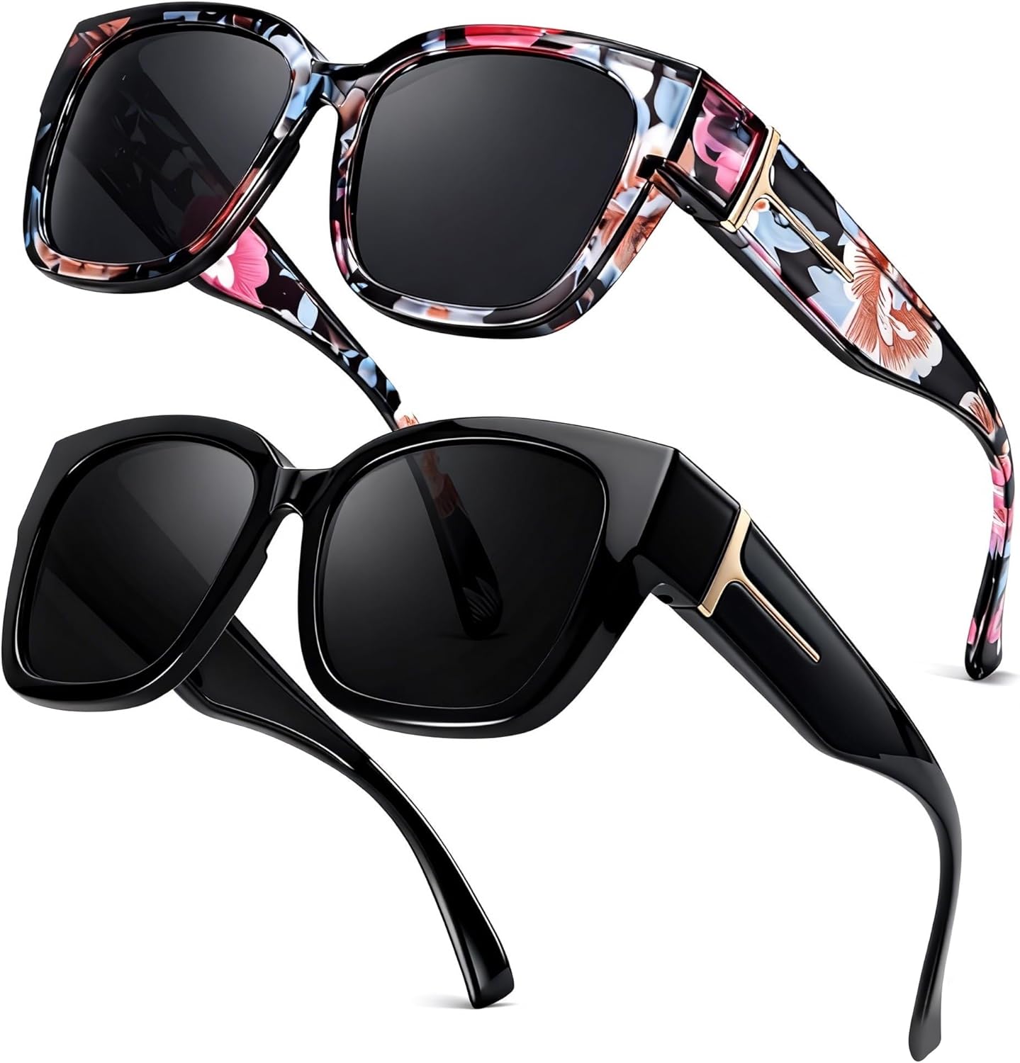 

LVIOE 2 шт. поляризованные солнцезащитные очки для женщин и мужчин, большие квадратные солнцезащитные очки с защитой от УФ-излучения LS7511, A14 (2 Pack) Black/Grey+floral/Grey