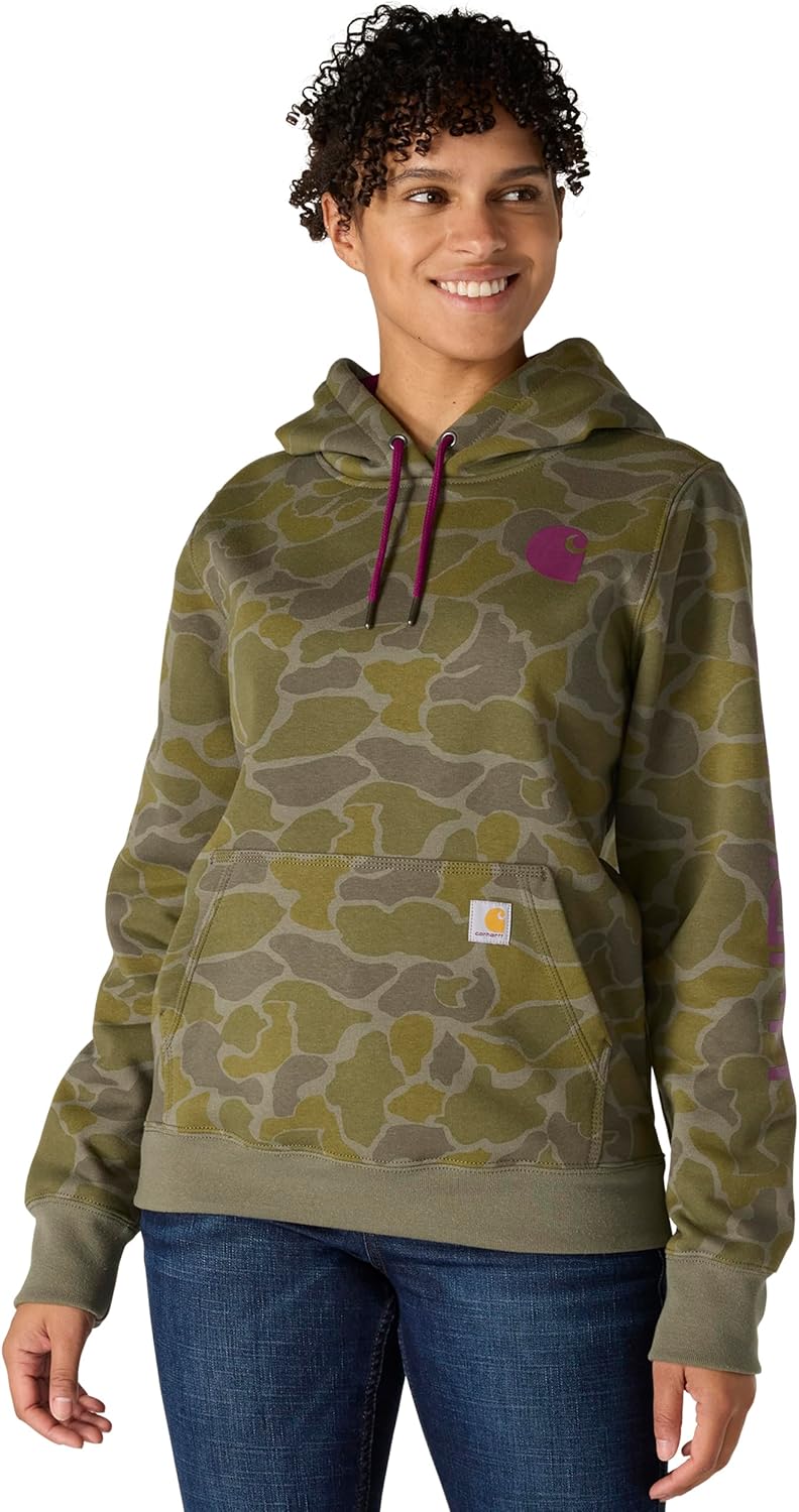 

Carhartt Women's Relaxed Fit Midweight Logo Sleeve Graphic Printed Sweatshirt, Dusty Olive Vintage Camo