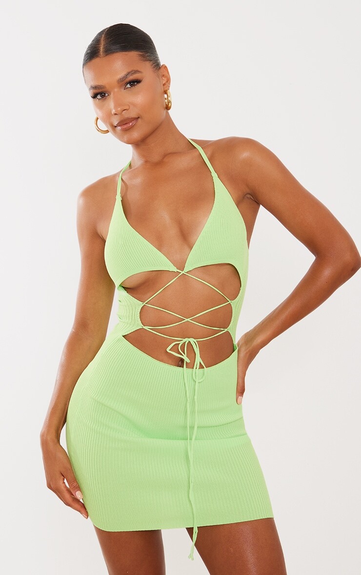 

PrettyLittleThing Мини-платье лаймовой вязки с кружевом спереди