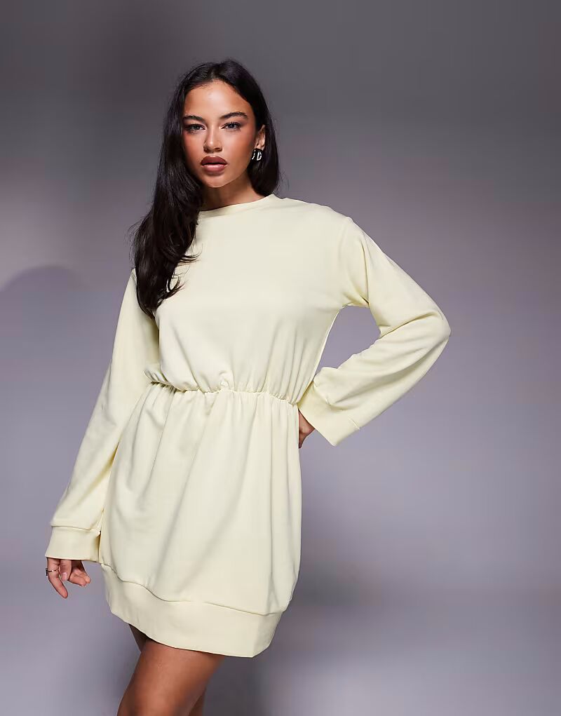 

Платье-мини-свитшот со сборками на талии желтого цвета Asos Design