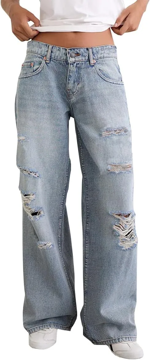 

Женские джинсы low rise wide leg с потертостями и эффектом поношенности TACSTRUN