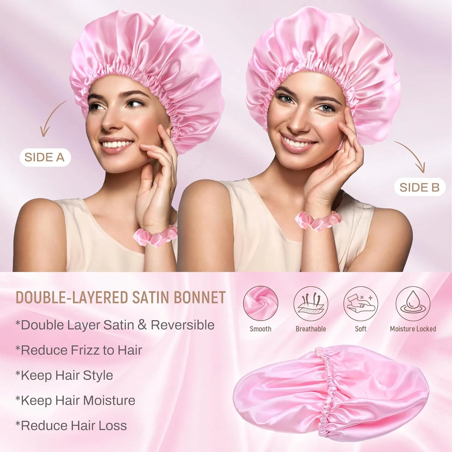 Двусторонняя атласная шапочка для сна BONNET QUEEN с регулируемой резинкой Bonnet Queen, Pink — фото 4