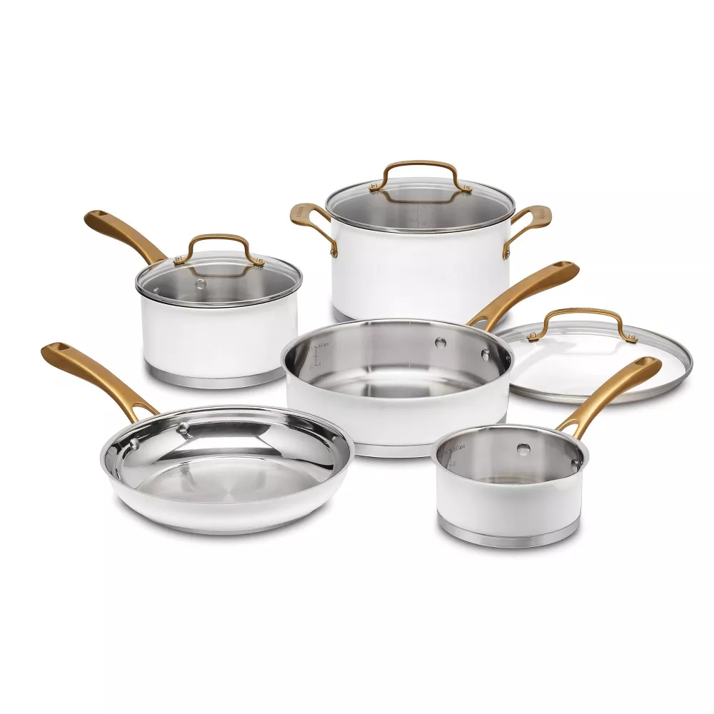 

Cuisinart Classic Набор посуды из 8 предметов из нержавеющей стали с ручками цвета матового золота, цвет белый