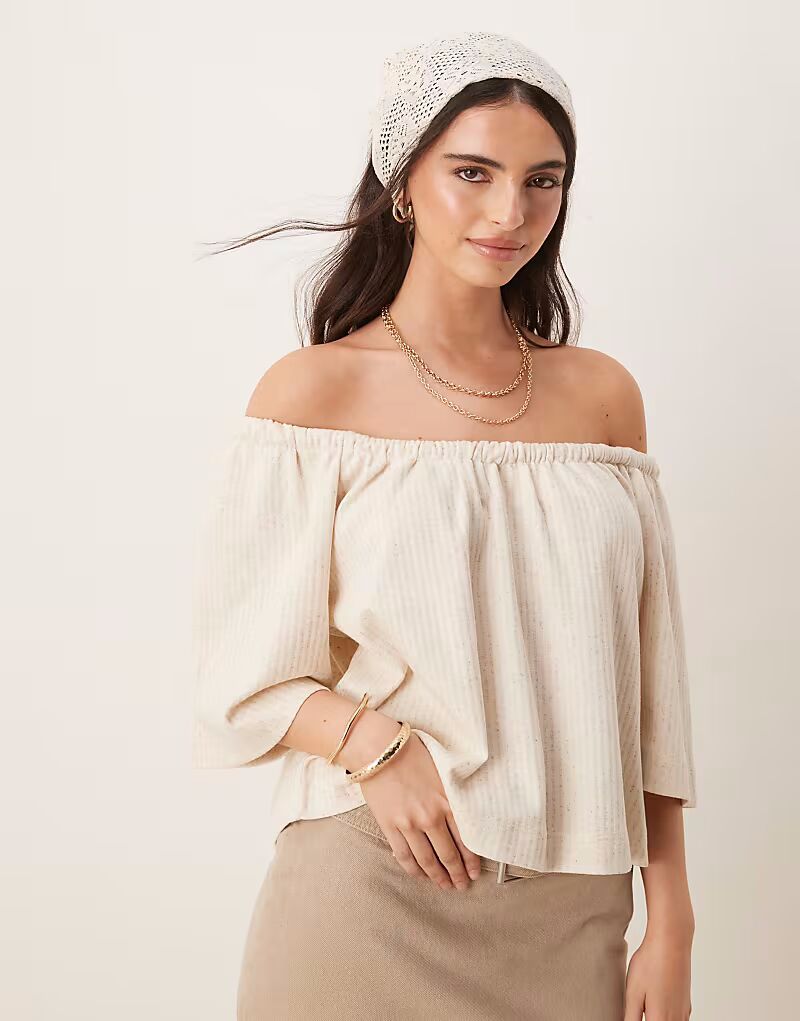 

Укороченная футболка с открытыми плечами и короткими рукавами ASOS DESIGN в нейтральную полоску