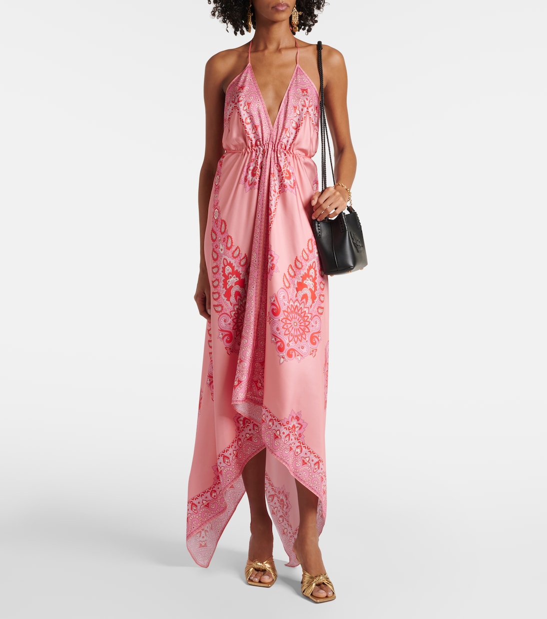 Асимметричное шелковое платье миди с узором пейсли Etro, Print On Pink Base — фото 2