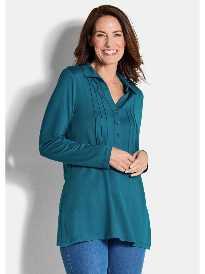 

Туника, блузка с короткими рукавами и воротником в петролеуме. GOLDNER