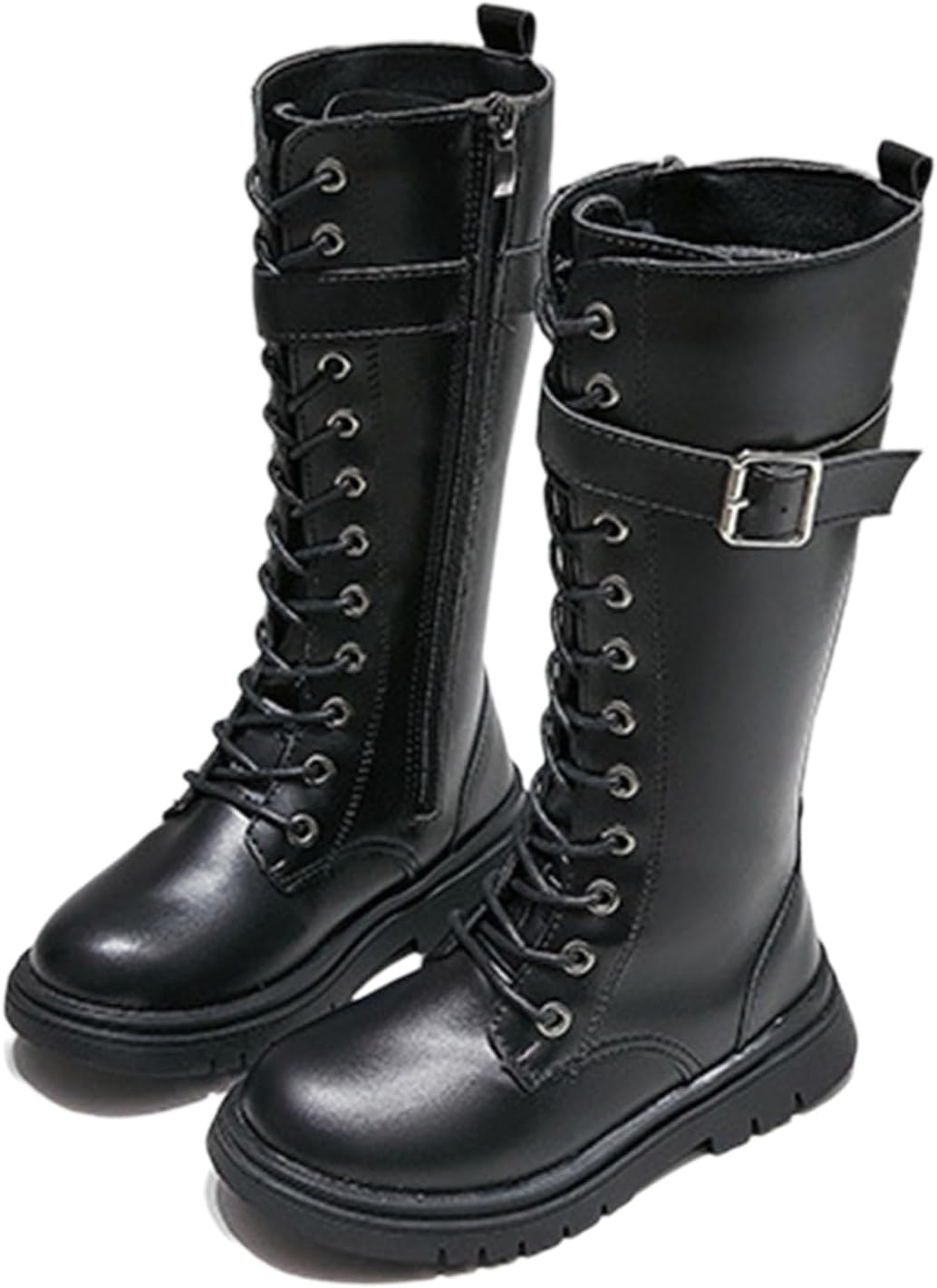 

Детские ботинки для девочек с шнуровкой, кожаные боевые ботинки с боковой молнией, сапоги с широкой голенью, стиль рок/готика, для маленьких и больших детей, 4-12 лет Generic, 02-Black