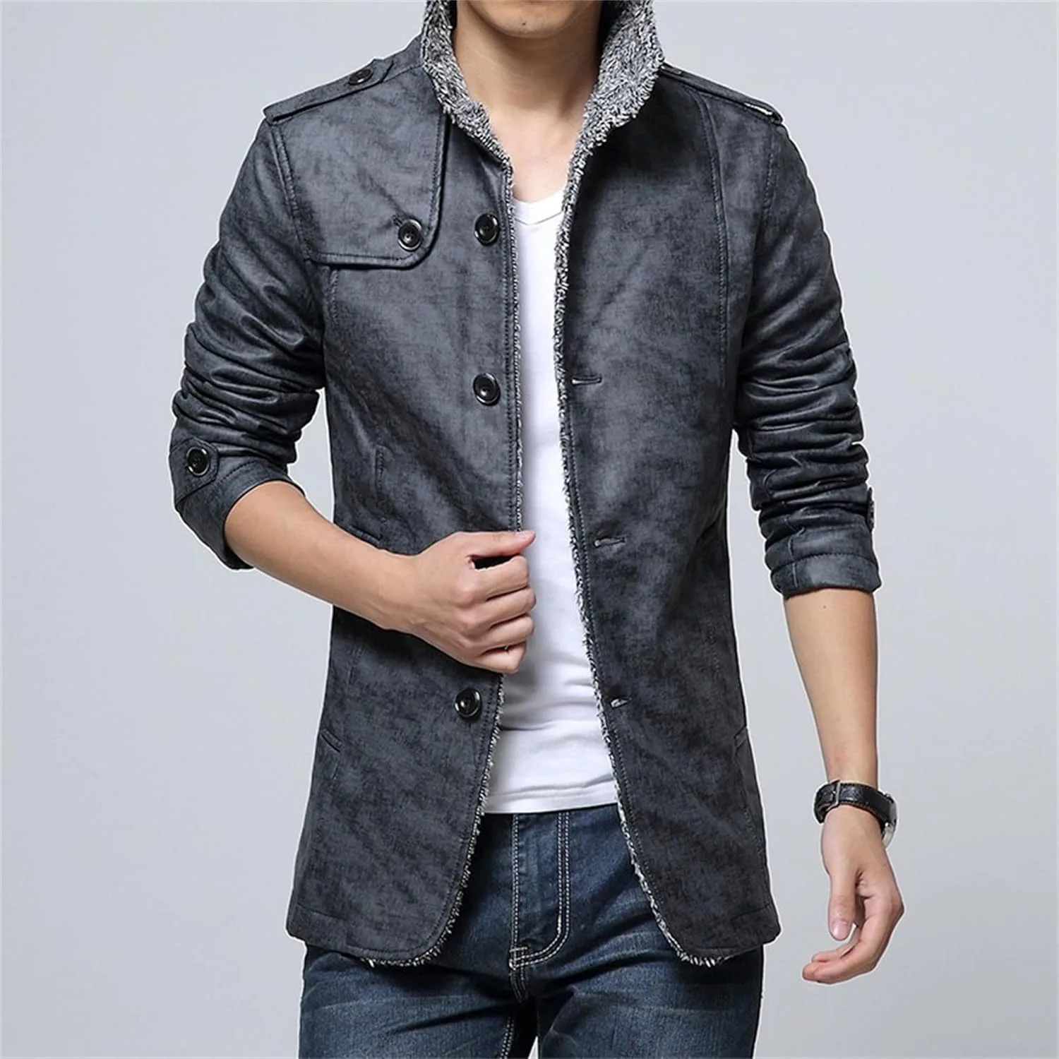 Мужская куртка Faux Leather Oversized Motorcycle со стоячим воротником и подкладкой Sherpa для зимы Generic, серый — фото 2