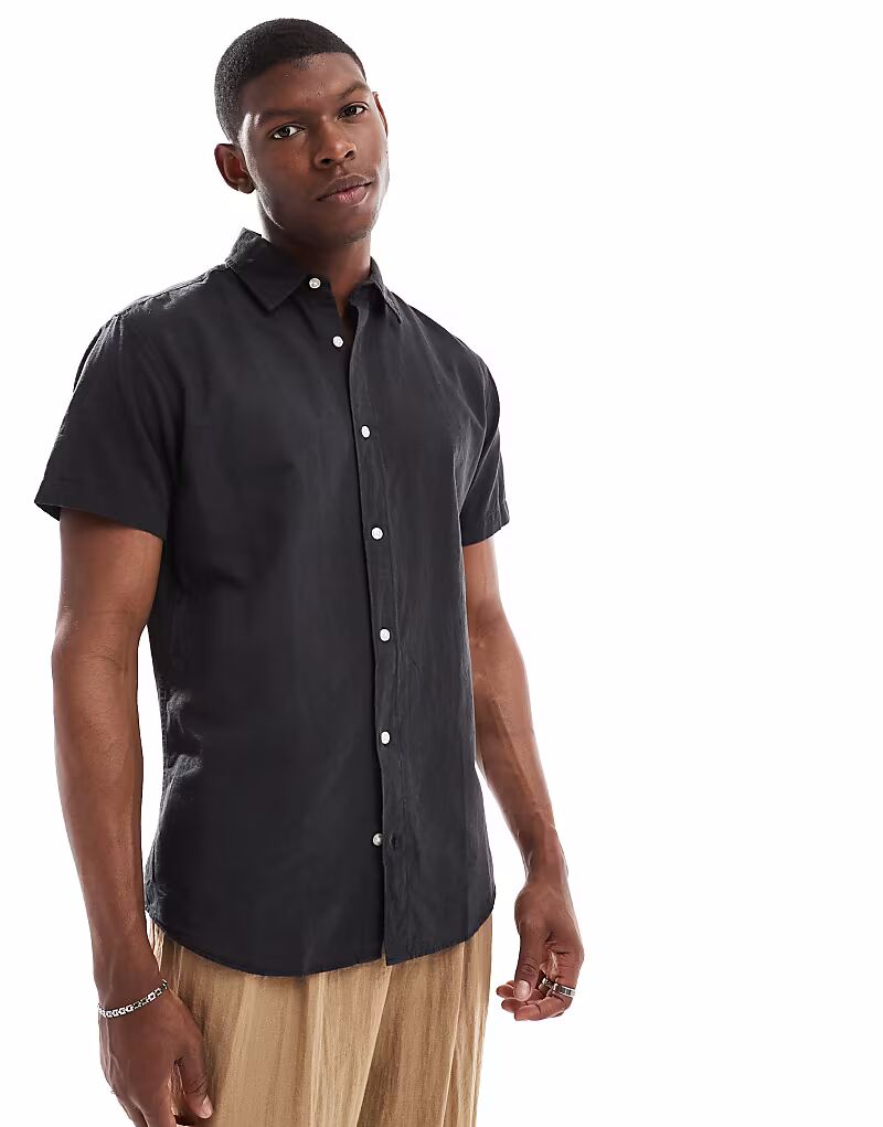 

Льняная рубашка Jack & Jones с короткими рукавами черного цвета