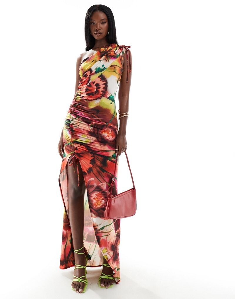 

ASOS DESIGN – платье макси на одно плечо с кулиской и ярким цветочным узором