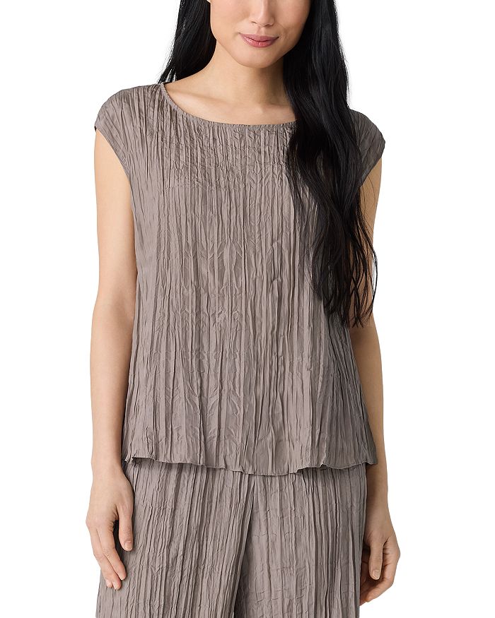 

Топ с воротником-баской из жатого шелка Eileen Fisher, коричневый