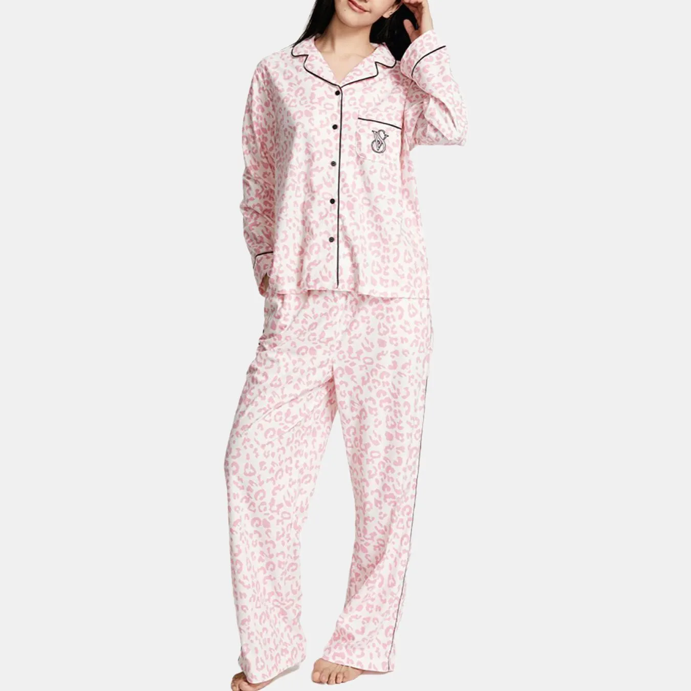 Пижамный комплект Victoria's Secret Brushed Texture Lightweight Warm + сумка, розовый/леопард — фото 4