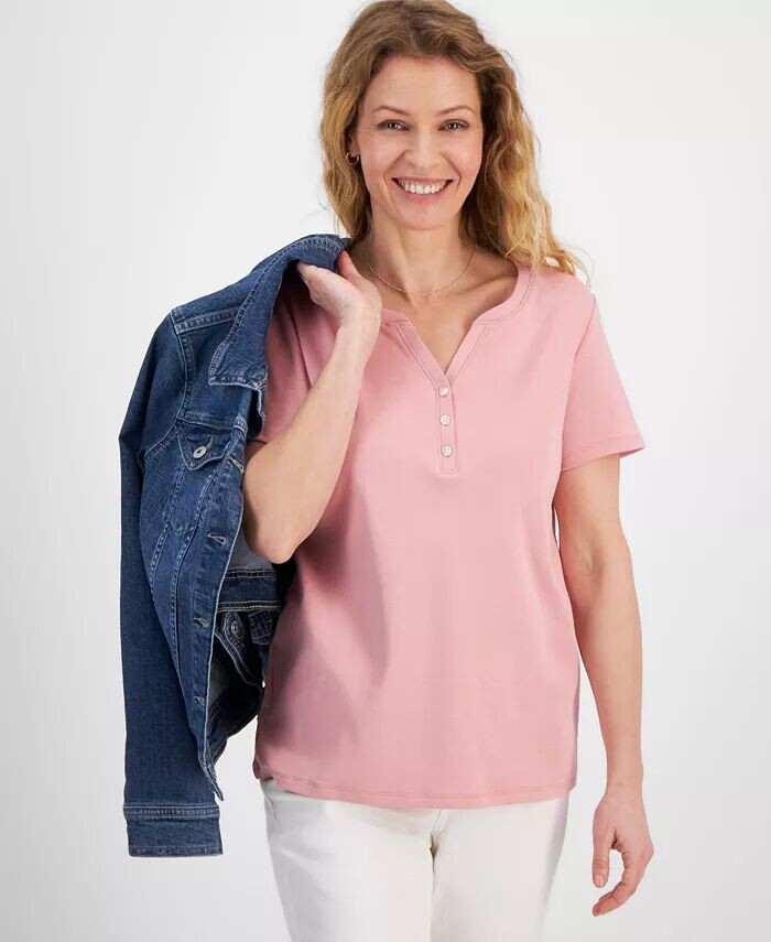 

Хлопковая футболка Petite Henley с короткими рукавами Style & Co, розовый