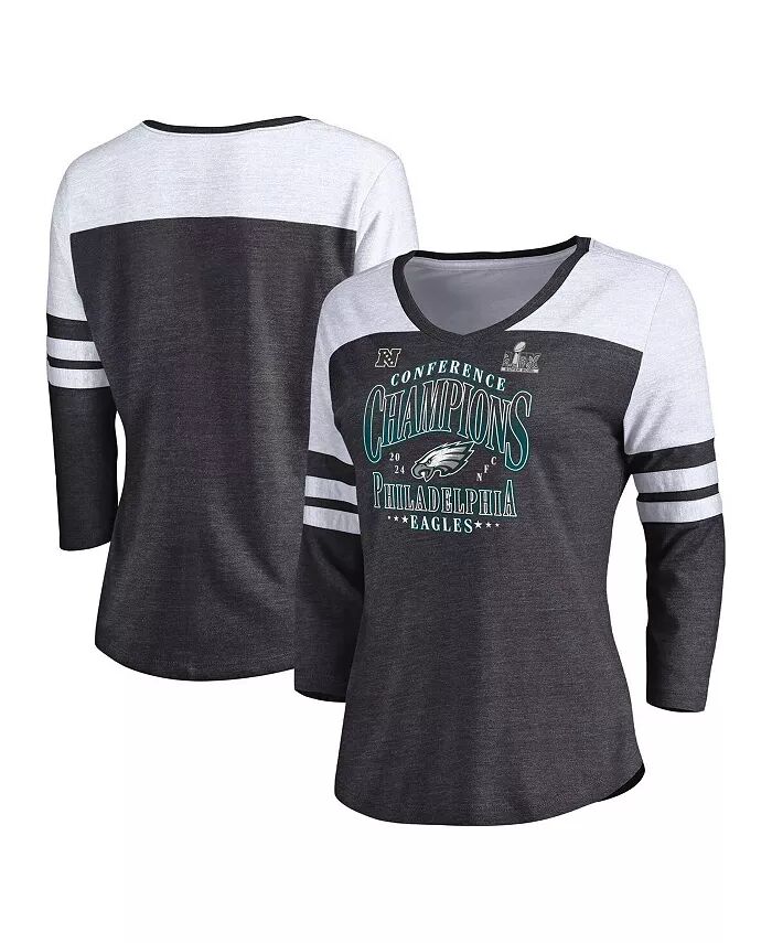 

Женская футболка Heather Charcoal Philadelphia Eagles 2024 NFC Champions Tri-Blend с рукавом 3/4 и V-образным вырезом Fanatics