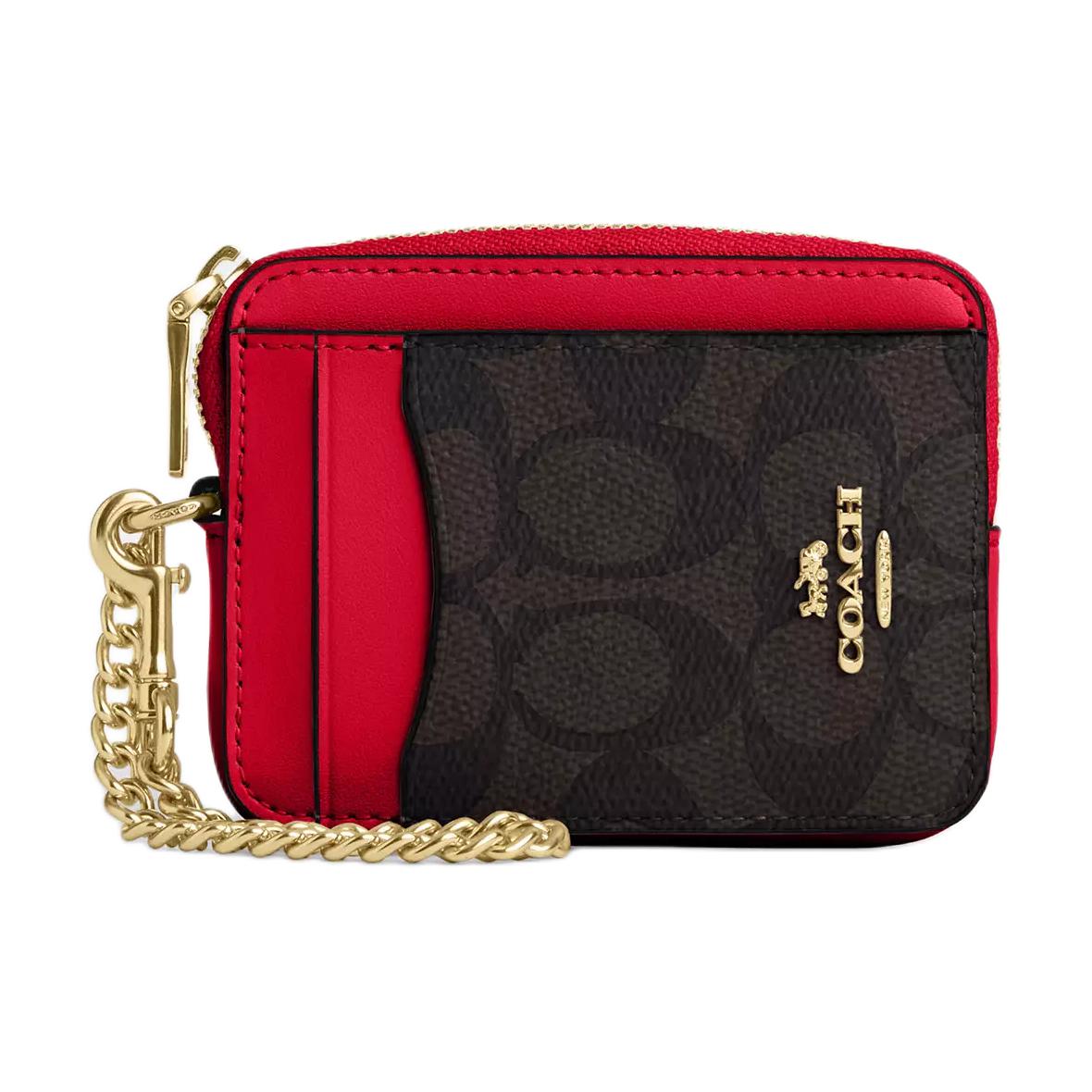 

Кожаный картхолдер мини женский орех красный COACH, Walnut & Bold Red