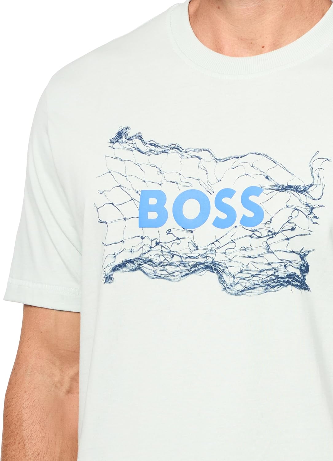 Мужская хлопковая футболка с большим логотипом и цепочкой BOSS, Open Air Blue — фото 3