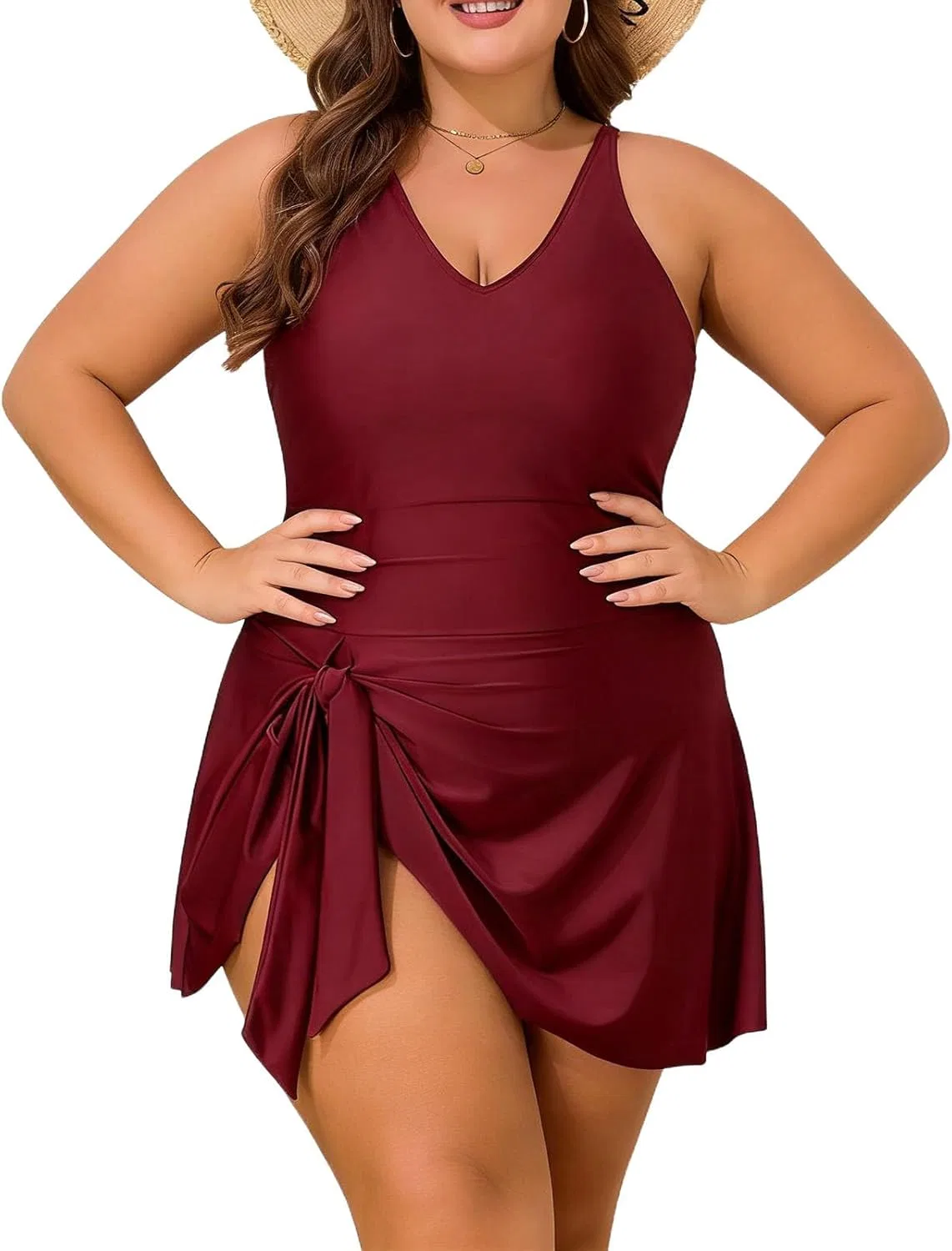 Купальник для женщин Plus Size с эффектом коррекции живота, V-образным вырезом, эластичным бантом и юбкой Generic, красный — фото 2