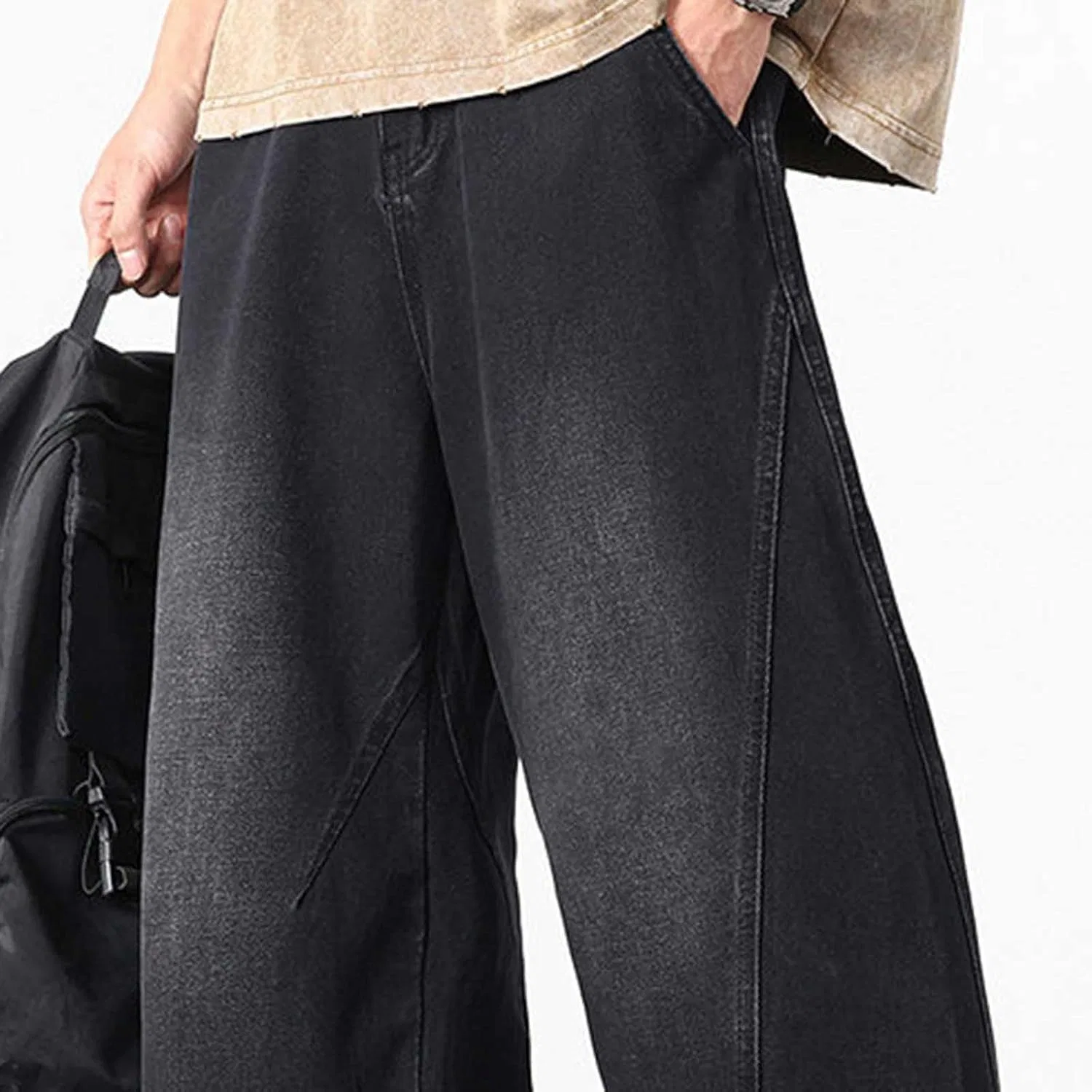 Джинсы прямые свободные Men's Full Length Casual Denim Pants Button Waist Baggy Straight Leg Trousers Fashion Boyfriend Jeans, Black — фото 3