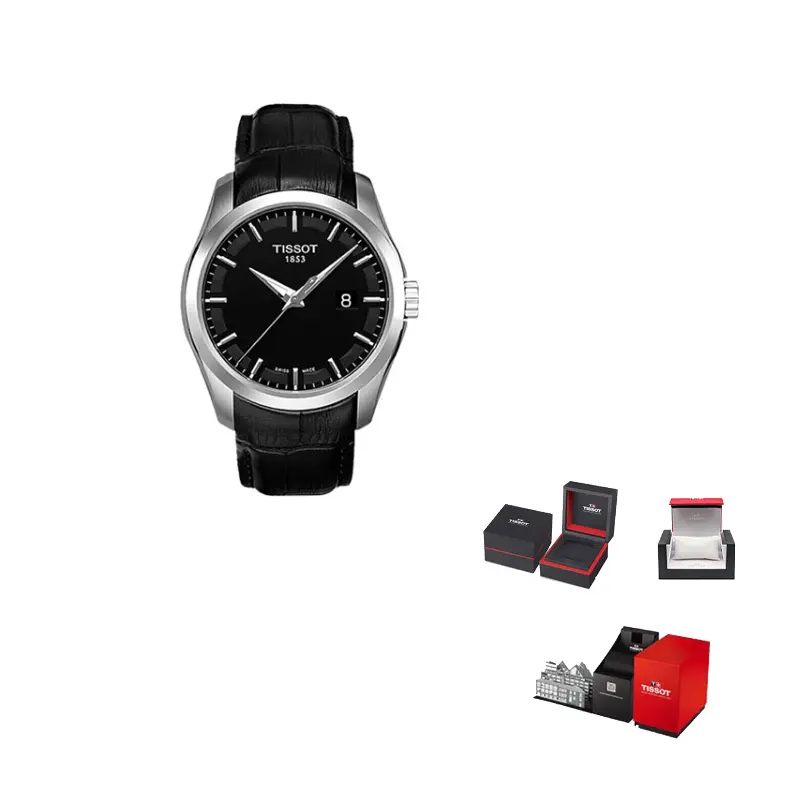 

TISSOT Часы Kutu Collection Quartz Movement Men's Watch Watch 39mm Black Dial Stainless Steel Case Leather Strap, Black Dial
