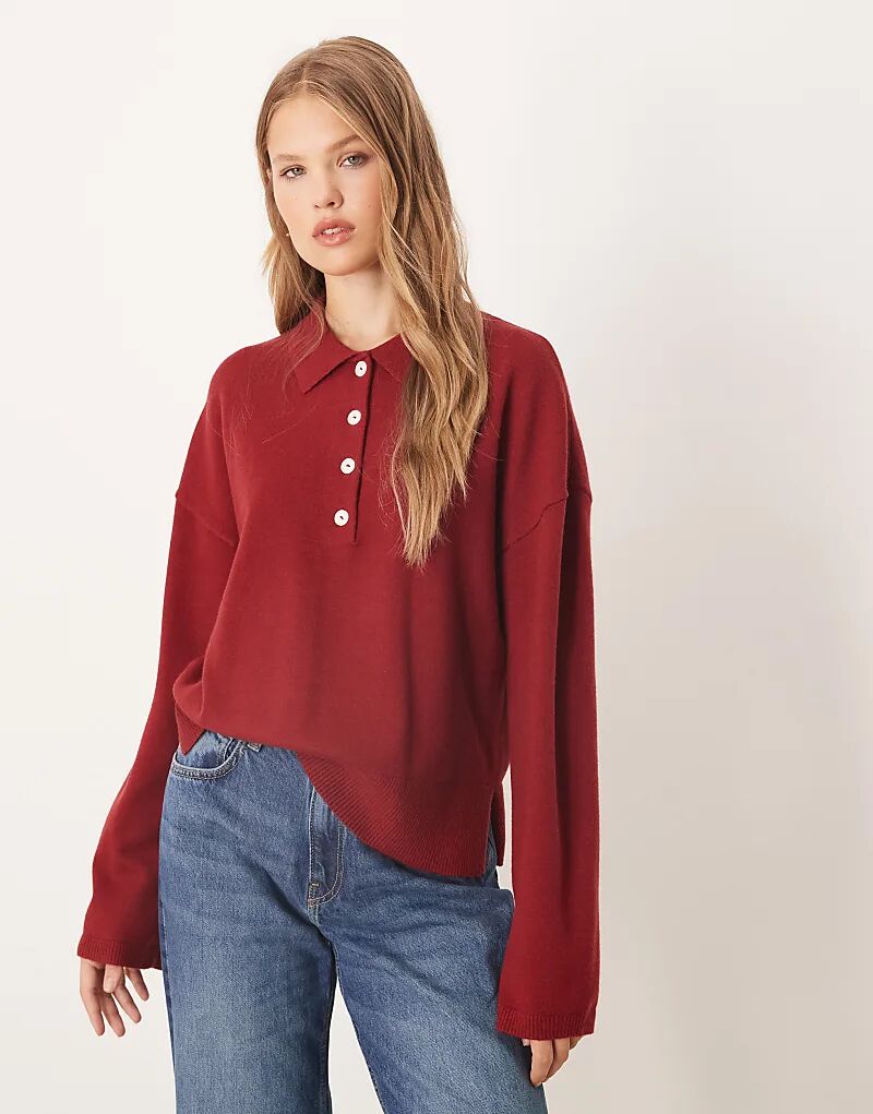 

Вязаный свитер Gina Tricot с длинными рукавами и воротником красного цвета