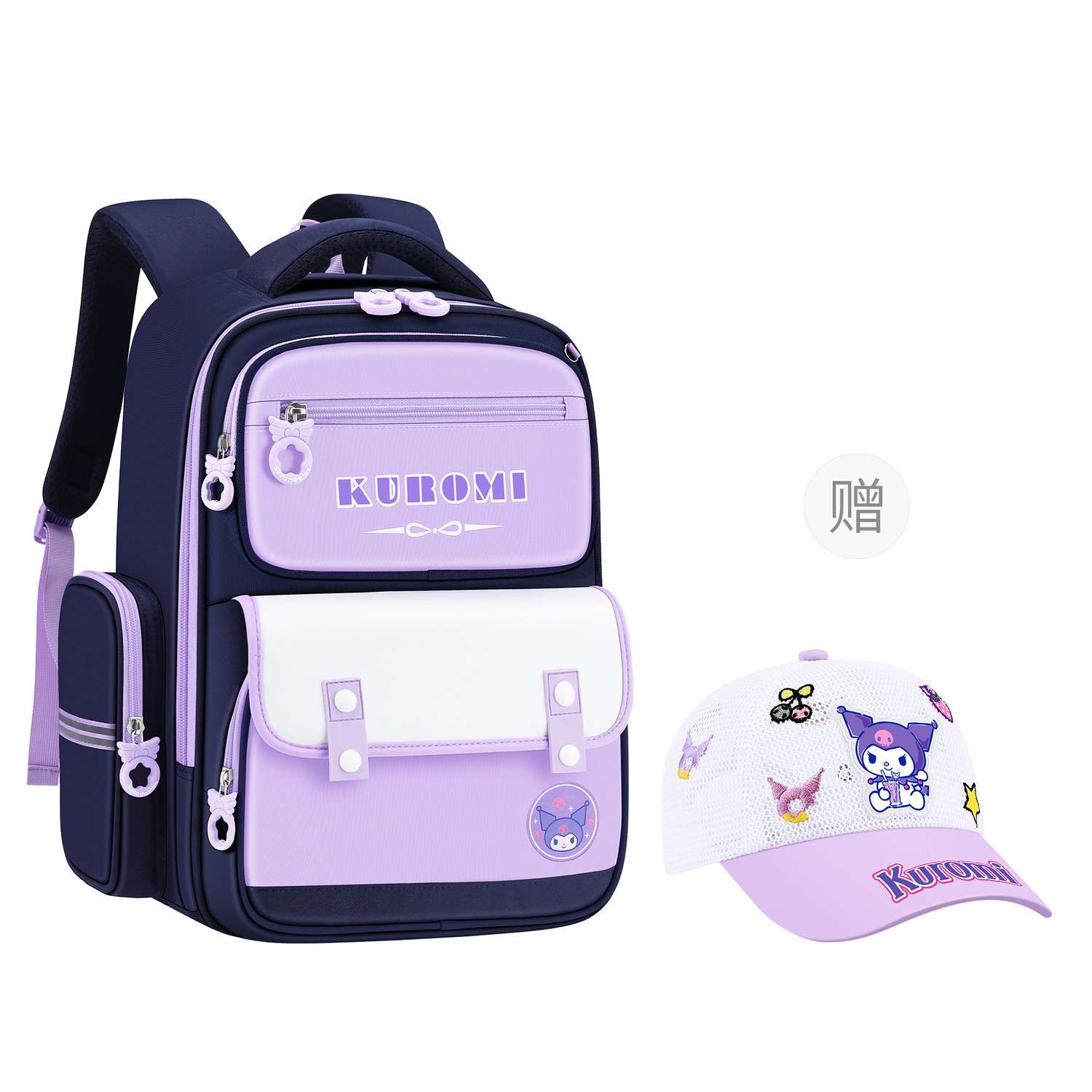 

Sanrio Мелоди Полиэстер Студенческая сумка Обычная Женская Розовая Белая, Kuromi Backpack+Kuromi Hats & Caps (Default Small, Can Be Exchanged)