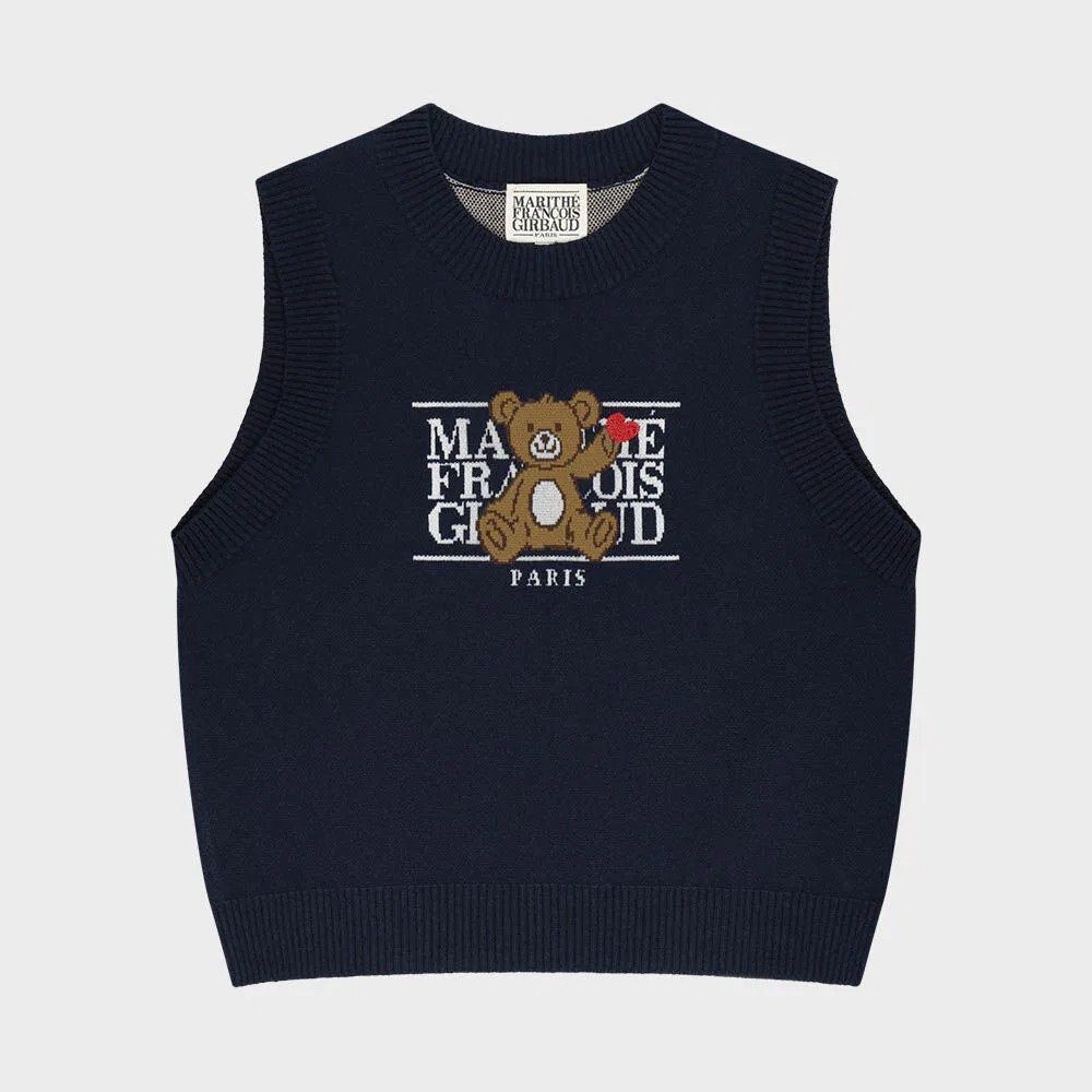 Детский тёмно-синий вязаный жилет с классическим логотипом Bear от Marithé Kids — фото 2
