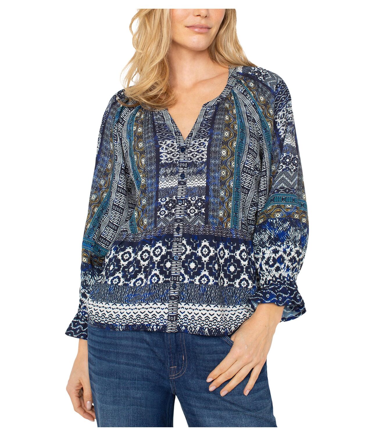 

Блуза Liverpool Los Angeles 3/4 Sleeve Button Front Woven Blouse, Blue Shibori Multi