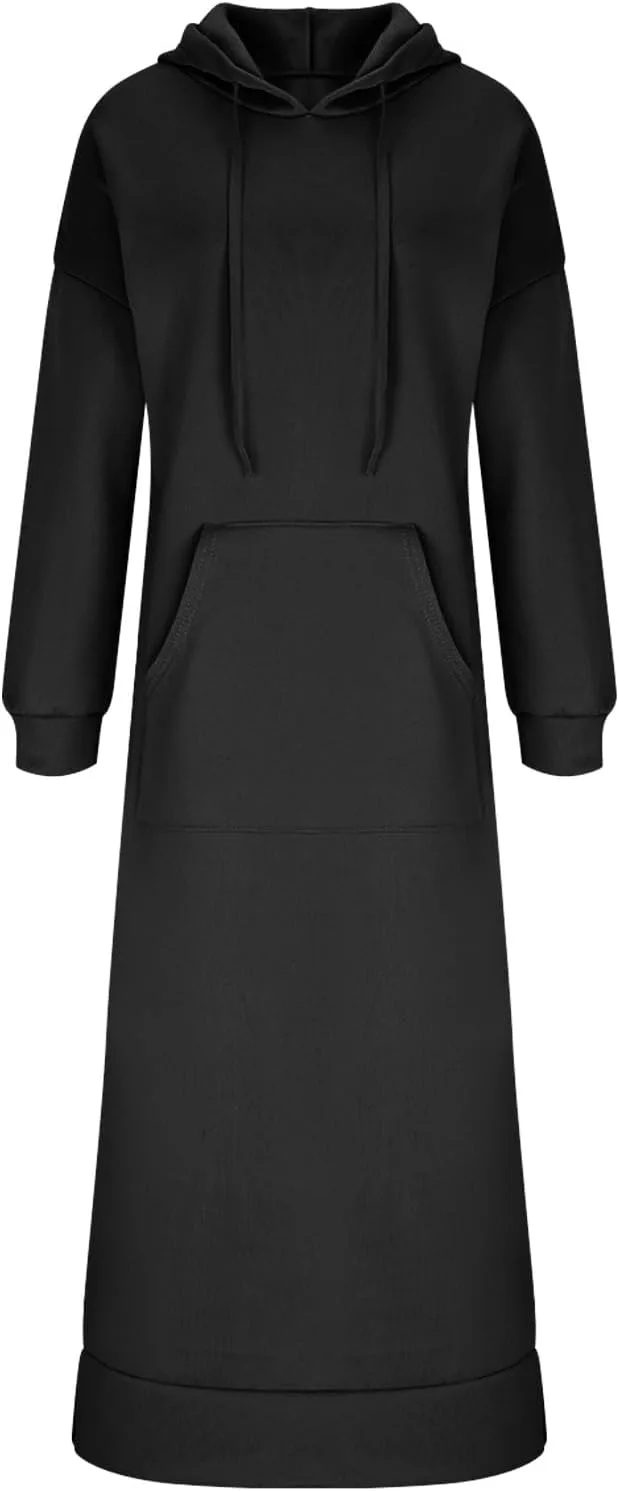 Платье-свитшот Plus Size с длинным рукавом, капюшоном и карманом-кенгуру Generic, черный — фото 4