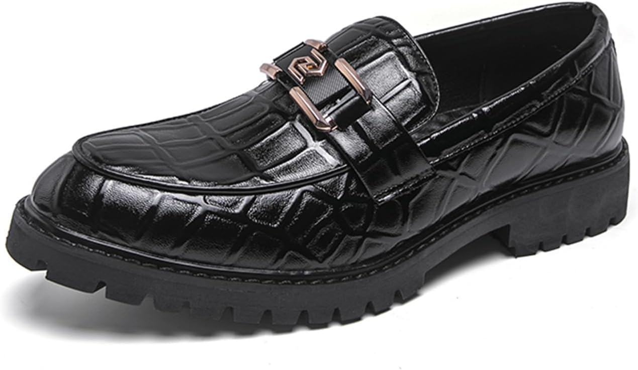 

Мужские кожаные лоферы с тиснением под крокодила, на низком массивном каблуке, с круглым носком, стильный дизайн, подошва с протектором против скольжения, для вечеринок, свадеб, улицы и повседневного делового стиля Tengfeifly, черный