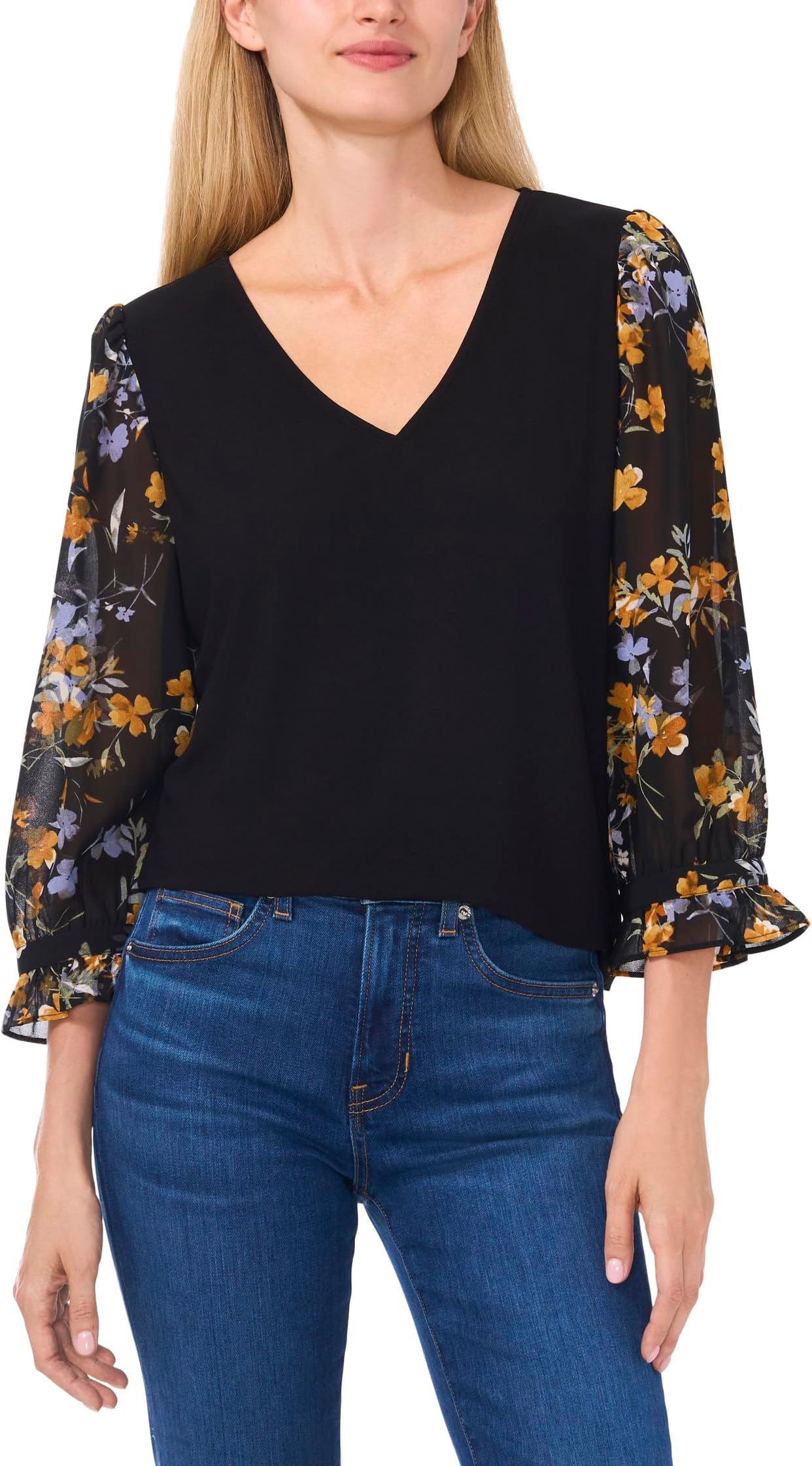 

Топ CeCe V Neck Mix Media 3/4 Sleeve Top, цвет Rich Black