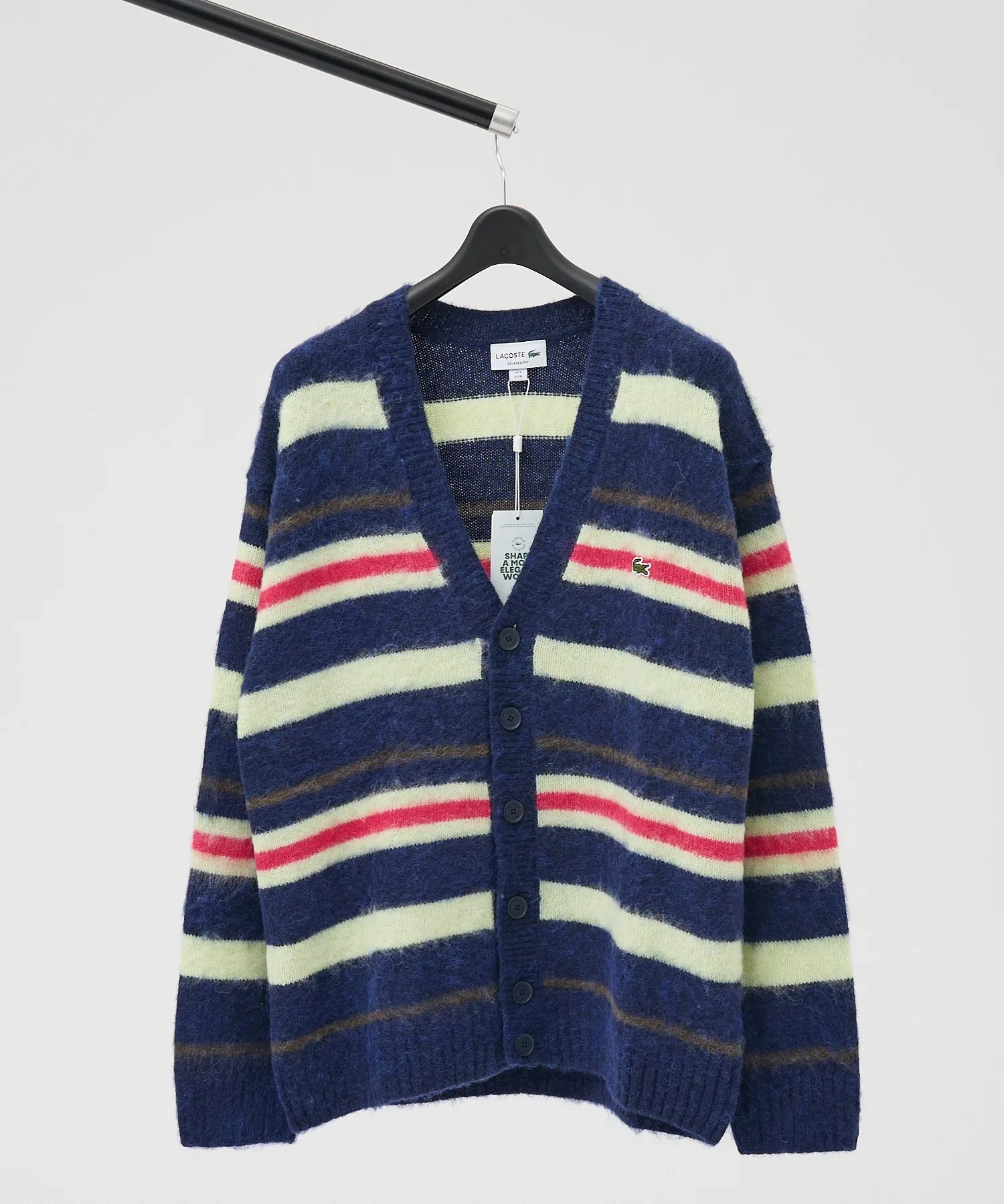 Кардиган LACOSTE из альпаки с каймой, полосатый, серый