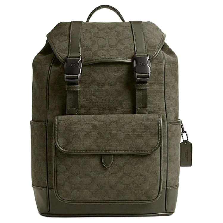 

Рюкзак большой мужской армейский зелёный из ткани с кожаной спинкой COACH