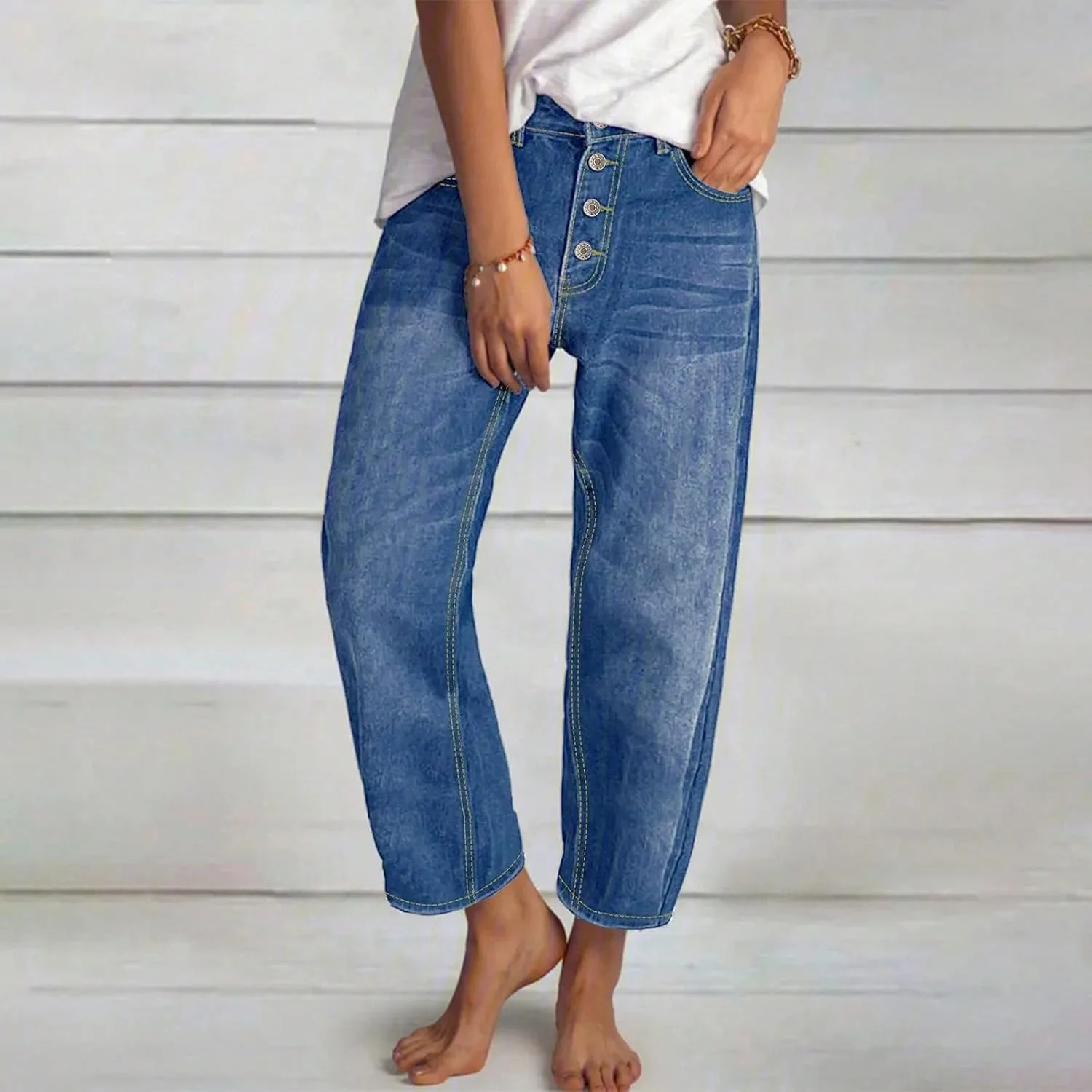 Женские укороченные джинсы Casual Western Loose Blue High Waisted Mom Ankle Straight Leg с карманами — фото 3