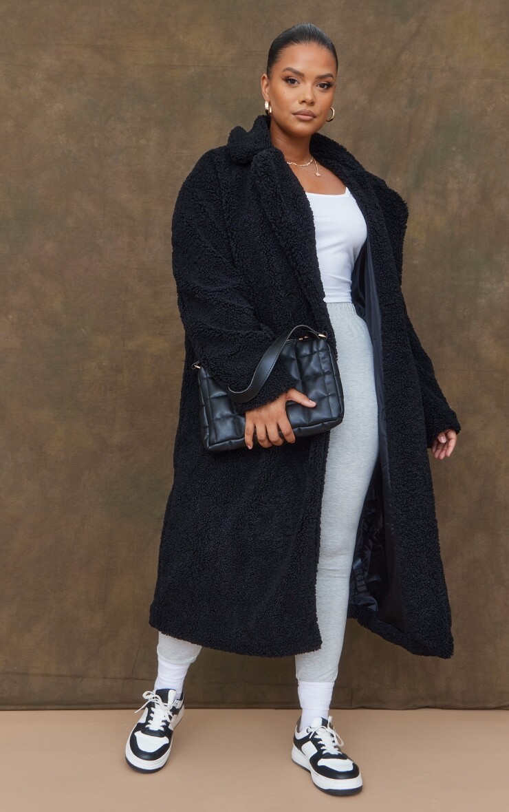 

PrettyLittleThing PLT Label Plus Черное длинное пальто борг, Черный, PrettyLittleThing PLT Label Plus Черное длинное пальто борг