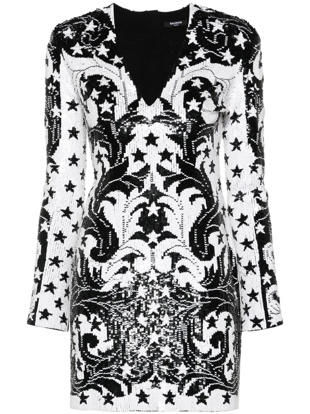 Платье мини с графичным узором и пайетками BALMAIN, черный