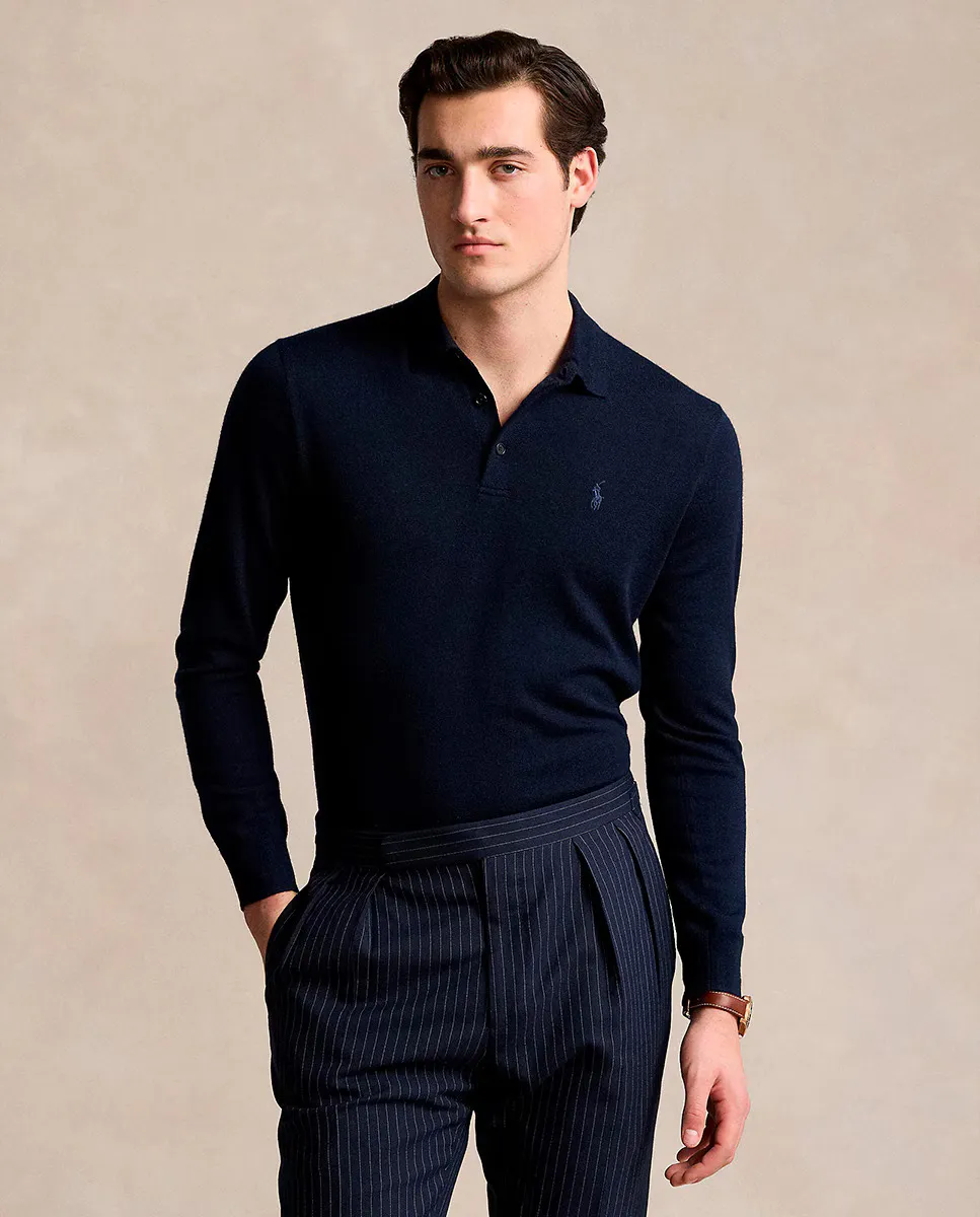 

Мужской шерстяной свитер с воротником-поло Polo Ralph Lauren, темно-синий