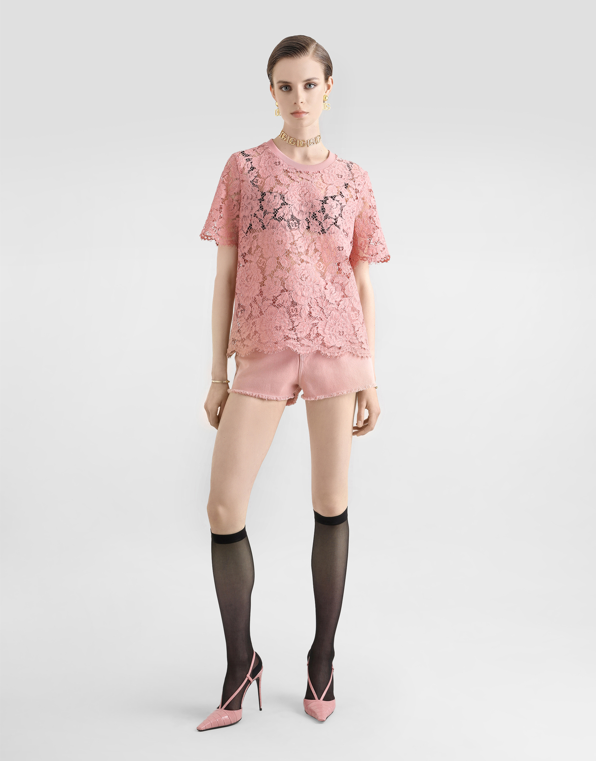 Футболка из кордоне кружева с короткими рукавами Dolce & Gabbana, розовый — фото 2