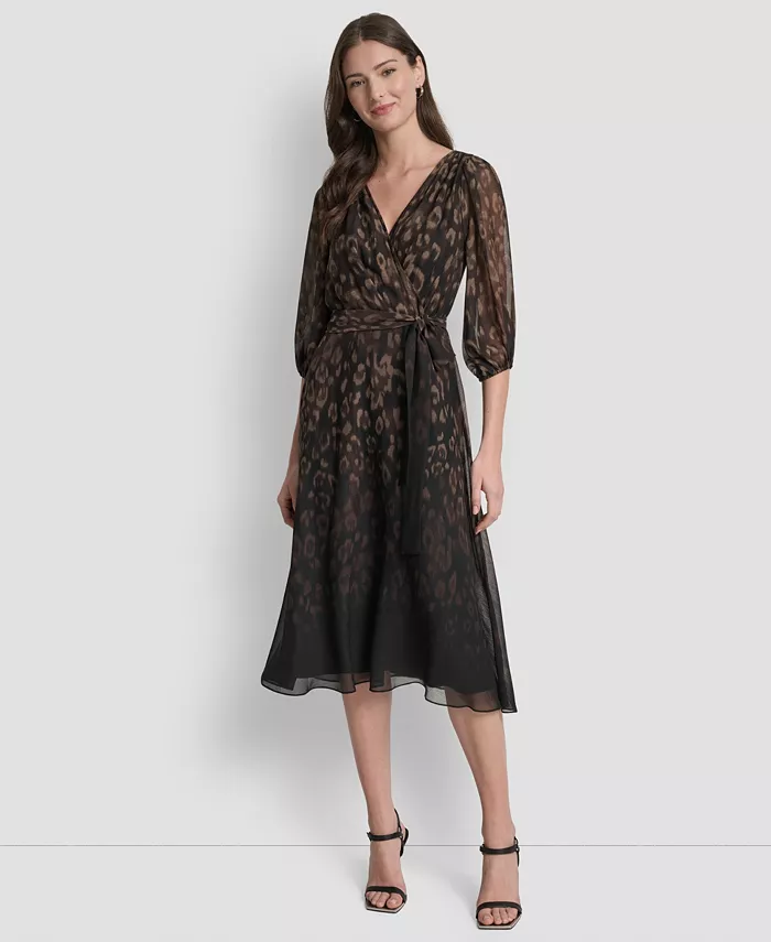 

Женское платье миди с фальш-накидкой и рукавами-фонариками Dkny, загар/бежевый