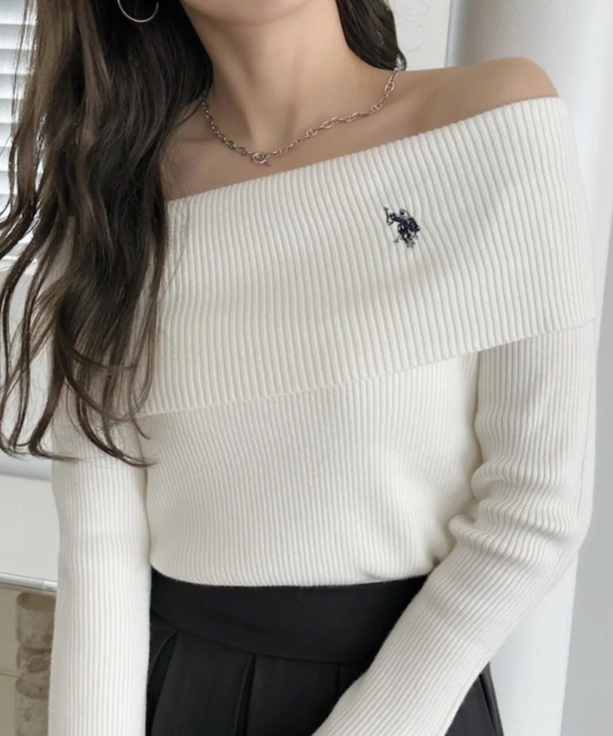Джемпер офф-шолдер U.S. POLO ASSN, длинный рукав, офф-вайт
