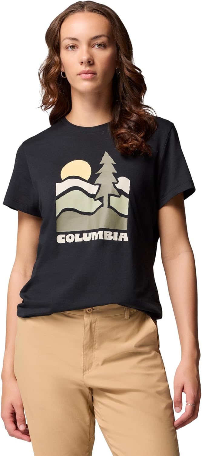 

Футболка Columbia Womens Ruby Springs Graphic Fitted Short Sleeve, Black/Get Hiked, Черный, Футболка Columbia Womens Ruby Springs Graphic Fitted Short Sleeve, Black/Get Hiked