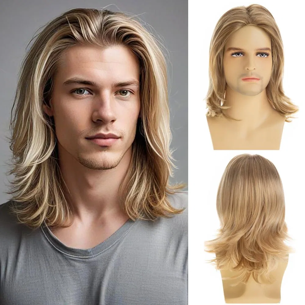 Мужской парик блонд, короткий, многослойный, синтетический Qnbiar, Light Blonde