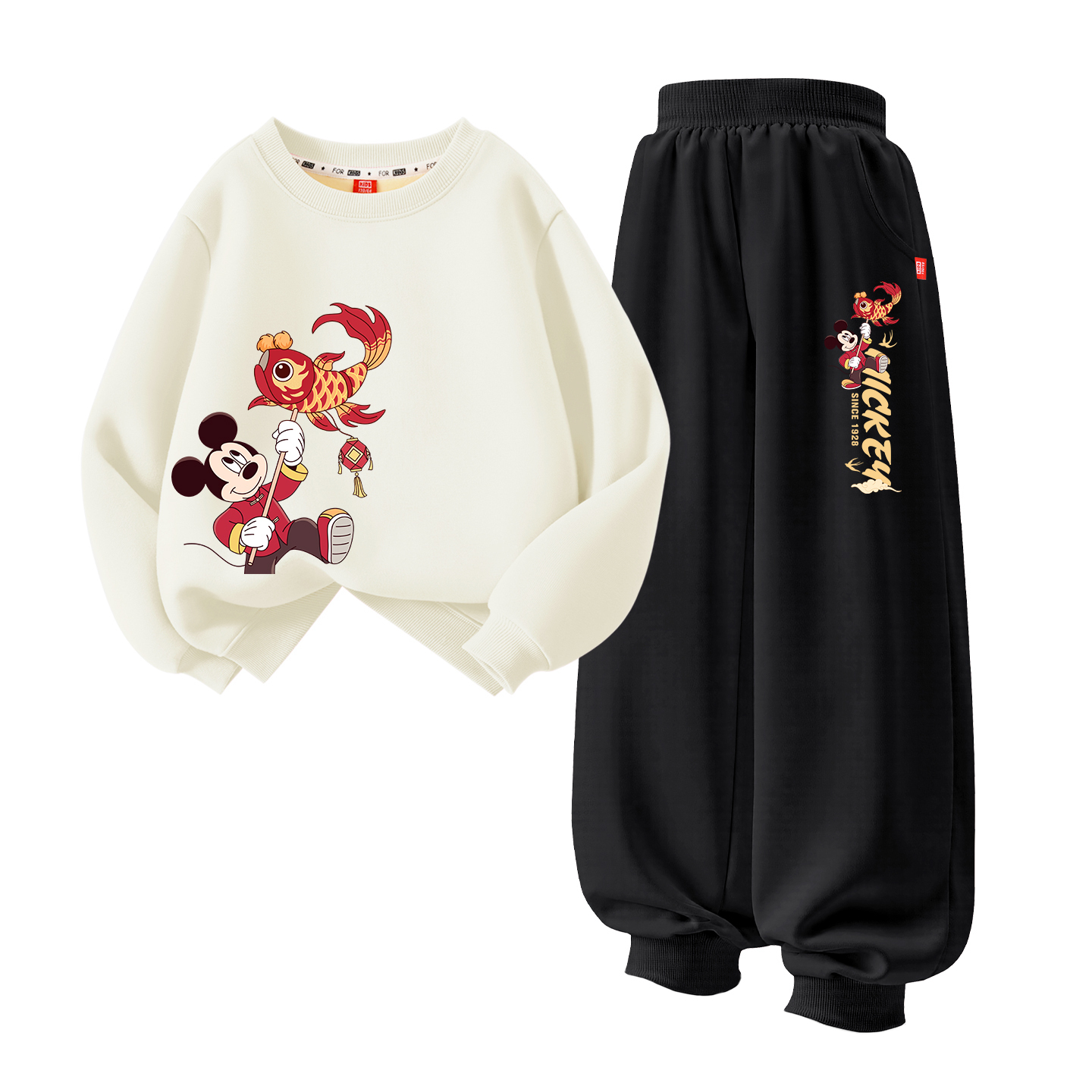 

Детская повседневная спортивная одежда с воротником-гольф утепленная Disney, [thickened and fleece-lined]di jinli qi_left lower айвори белый+di jinli qi k черный